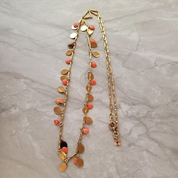 🧡 J.Crew Bright Orange Enamel Disk Gold Long Necklace 🧡 - Picture 1 of 8